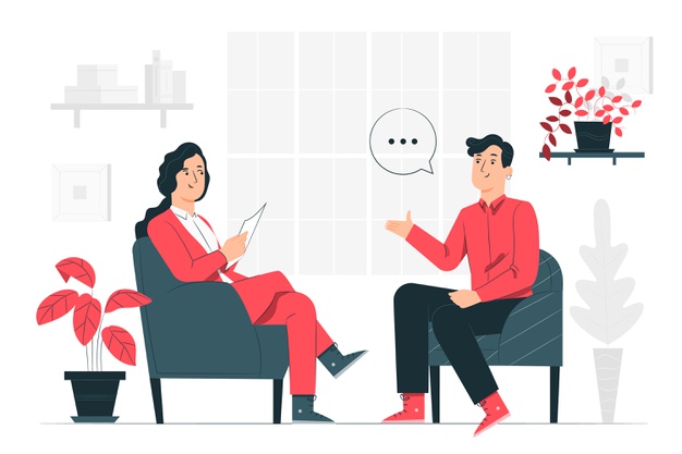 desenho de uma mulher e um homem conversando em uma entrevista de emprego